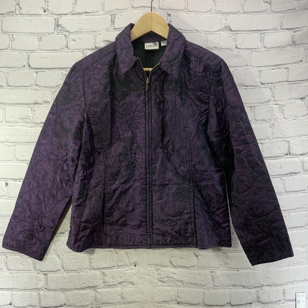 Chicos Jacket Womens Sz 2 Purple Black Embroidered Full Zip